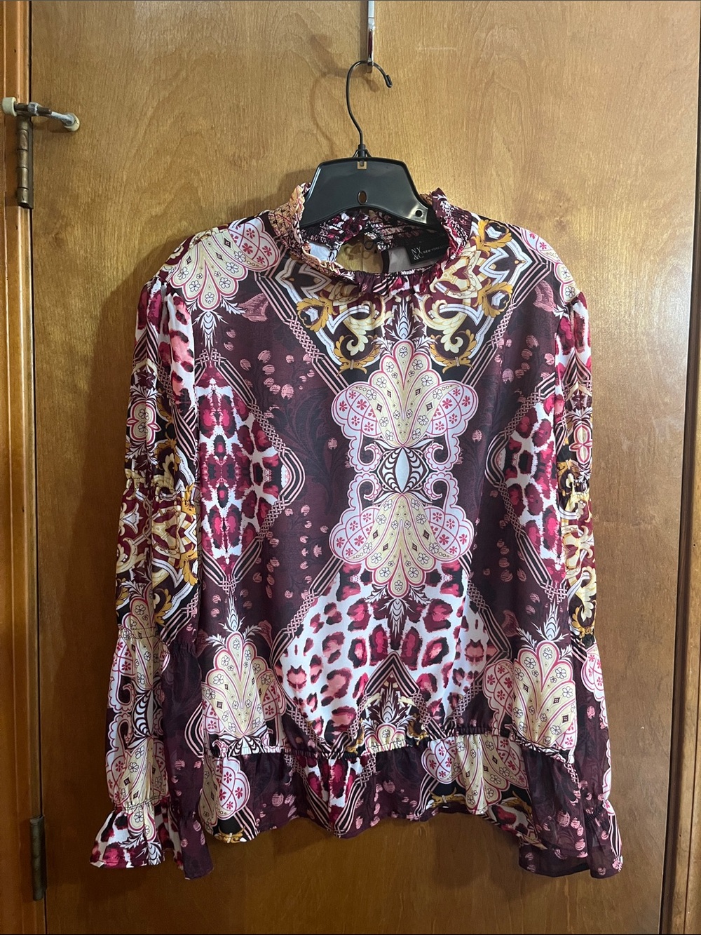 NY&C Large Printed Long-Sleeve Ruffle Neck Blouse - Burgundy & Pink - BUNDLE
